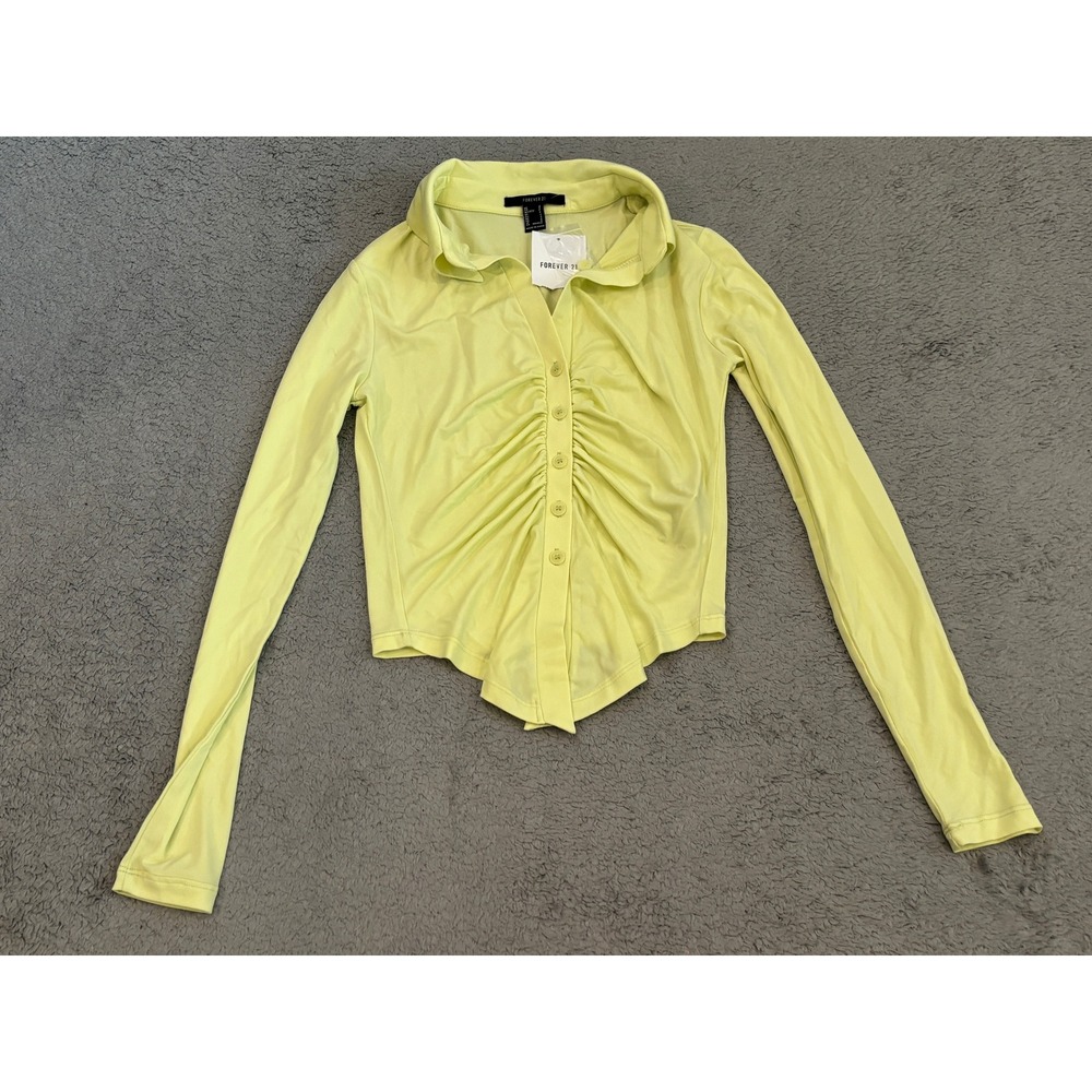 Forever 21 Lime Yellow Ruched Button Down Handkerchief Hem Top Small NWT
